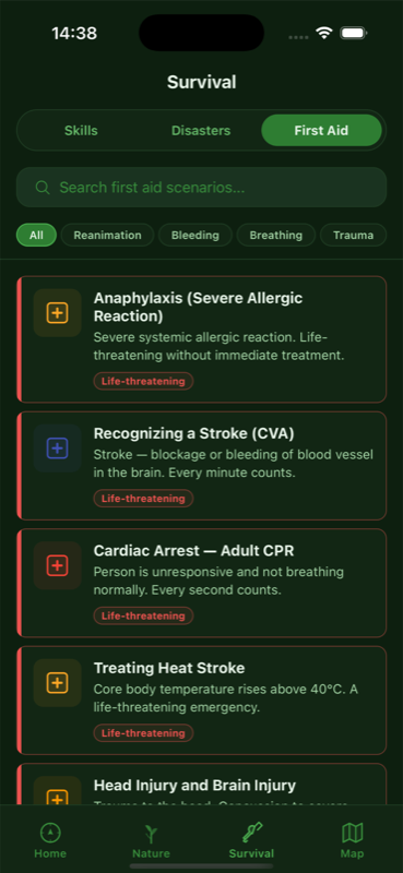 First Aid scenarios screen with life-threatening situations: Anaphylaxis, Stroke recognition, Cardiac Arrest, Heat Stroke