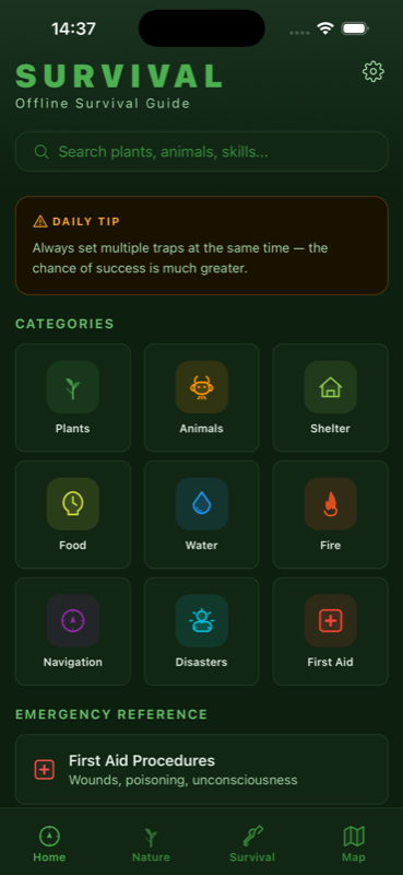Offline Survival Kit home screen — categories grid with plants, animals, shelter, food, water, fire, navigation, disasters and first aid