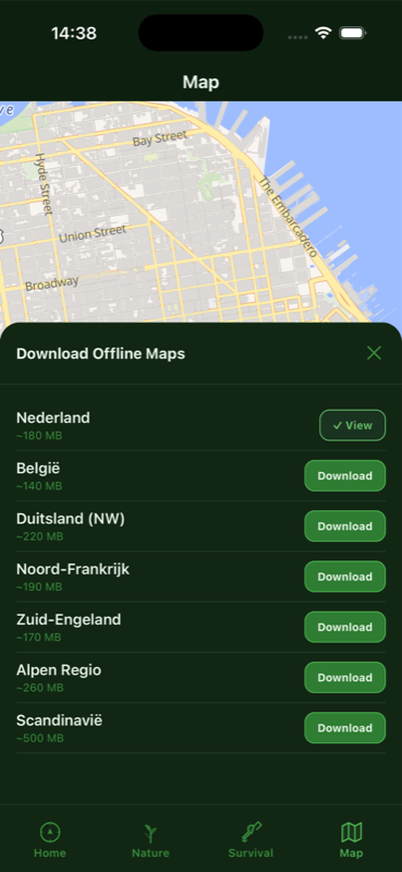 Map screen showing downloadable offline regions including Netherlands, Belgium, Germany and Scandinavia