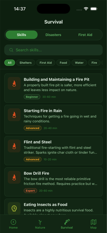 Survival Skills screen showing fire-related techniques: Fire Pit, Starting Fire in Rain, Flint and Steel, Bow Drill